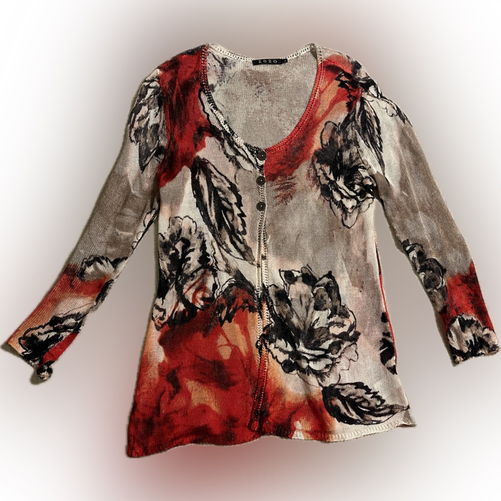 ZOZO L Sheer Mesh Floral Cardigan Red/Black/White Art-to-Wear Y2K